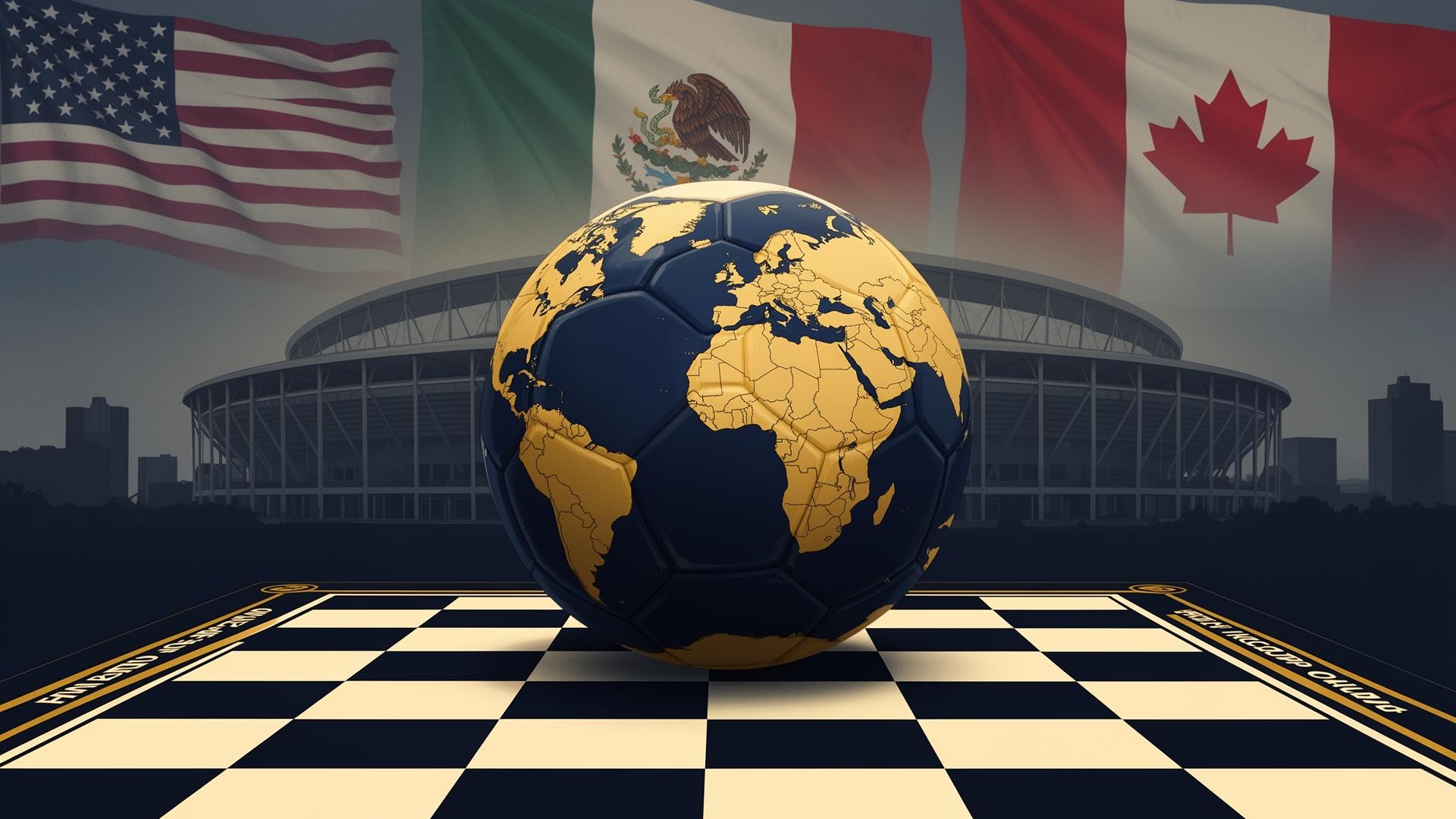 Globe-football posé sur un échiquier devant les drapeaux des États-Unis, du Mexique et du Canada — illustration de la note CERGSI sur la FIFA et le Mondial 2026